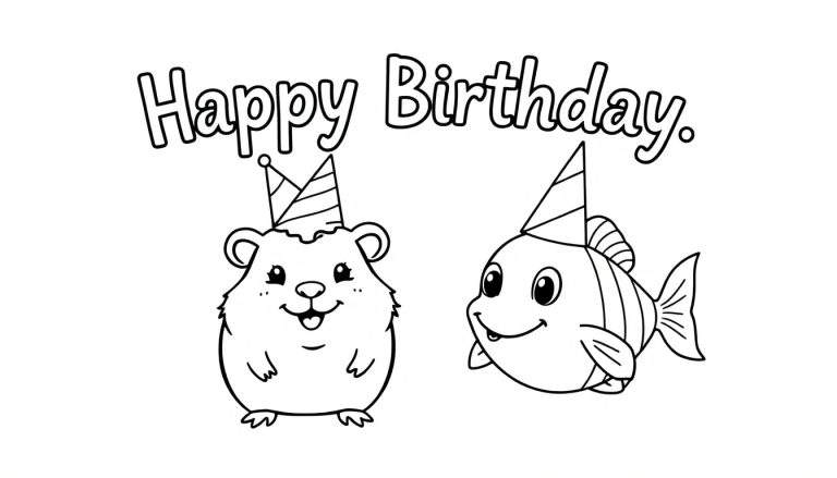 Kleurplaat met de tekst 'Happy Birthday', een mollig dier met feesthoedje en een vrolijke vis met feesthoedje.