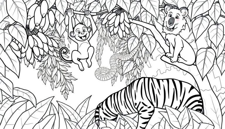 Kleurplaat van een jungle met een lachende aap die aan een tak hangt, een koala op een andere tak, een slang die naar beneden kronkelt en de rug van een tijger tussen de bladeren.