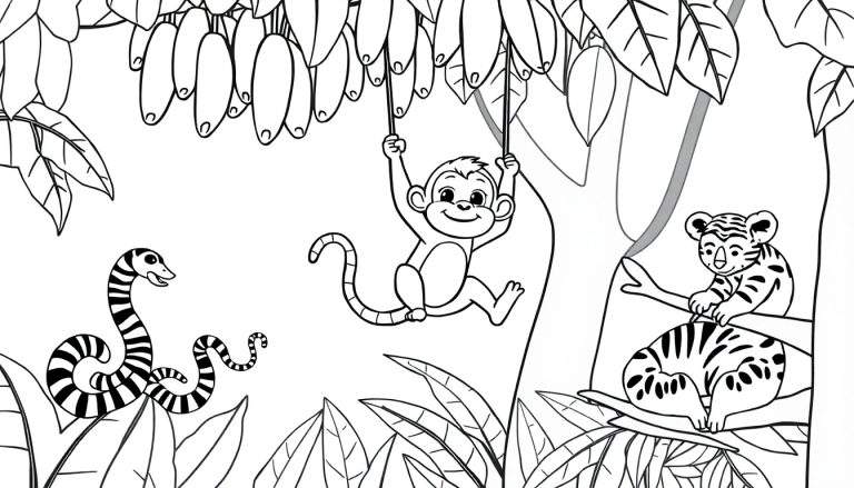 Kleurplaat van een jungle met een aap, tijgerwelp en slang.
