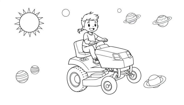 Kleurplaat van een lachend kind op een zitmaaier, zwevend tussen planeten en een zon in de ruimte.