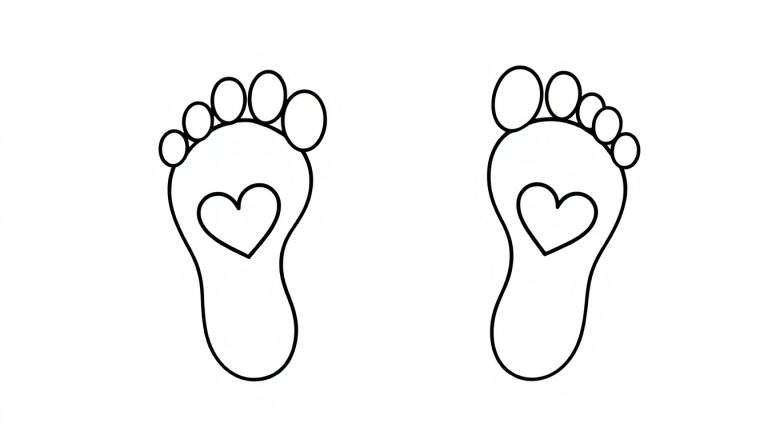 Kleurplaat van twee eenvoudige lijntekeningen van babyvoetjes met hartjes, getekend met zwarte lijnen op een witte achtergrond.