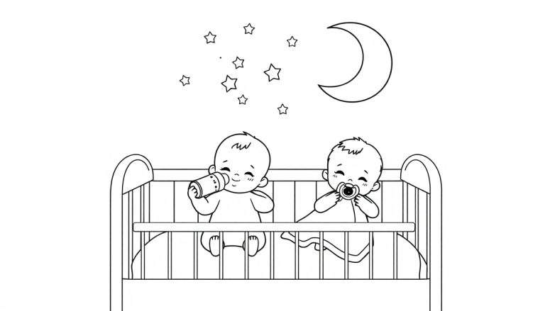 Zwart-wit tekening van twee blije baby's in een wieg onder een halve maan en sterren. De ene baby drinkt uit een flesje, de andere houdt een speentje vast.