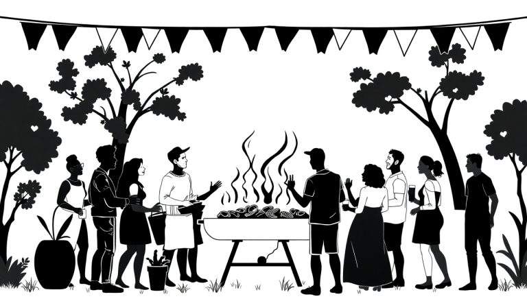 Kleurplaat van een buitenfeest met mensen rond een barbecue, bomen en slingers, getekend in silhouetstijl.