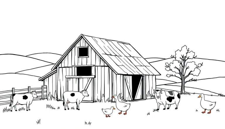 Een zwart-wit lijntekening van een boerderijtafereel, met een schuur, drie koeien, drie eenden en heuvels op de achtergrond.