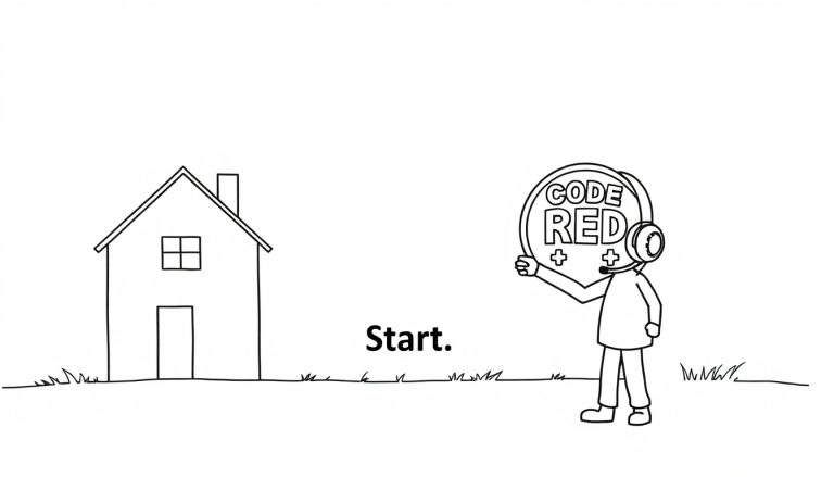 Zwart-witte kleurplaat van een landschap met een klein huis, een figuur met koptelefoon die een 'CODE RED' medaille omhoog houdt, en het woord 'Start.'.