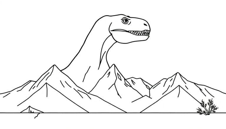 Kleurplaat van een grote dinosaurus met lange nek die achter een reeks bergen tevoorschijn komt. De dinosaurus kijkt naar rechts met scherpe tanden. Op de voorgrond bevinden zich een kleine rots met een scheur en een struikje.