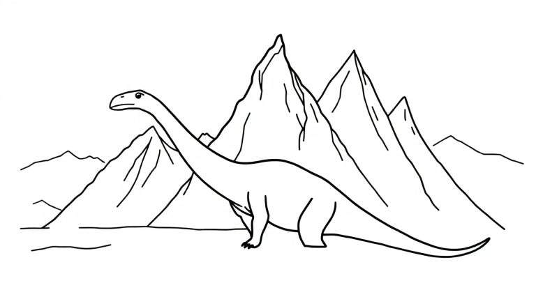 Zwart-wit lijntekening van een langnek dinosaurus staand voor een berglandschap, klaar om gekleurd te worden.