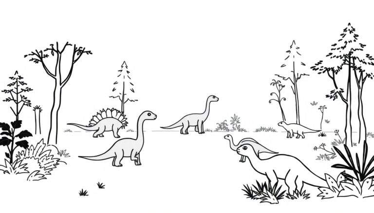 Zwart-witte lijntekening van een landschap met zes vriendelijk ogende dinosaurussen, waaronder een Stegosaurus, vier langnekdinosauriërs (twee grote, twee kleine) en een kleinere vierpotige herbivoor, omringd door diverse bomen en struiken.