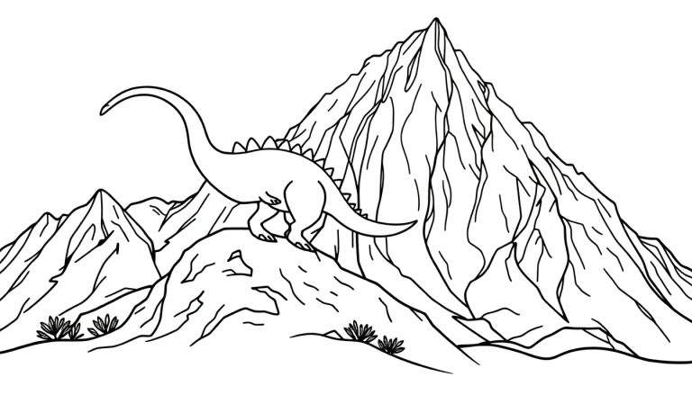 Een zwart-wit lijntekening van een grote dinosaurus met stekels op zijn rug, staand op een rotsachtige heuvel in een bergachtig landschap met kleine bosjes.