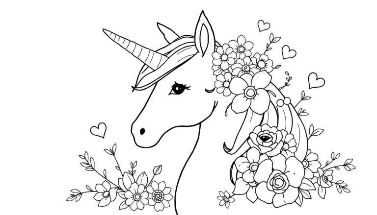 Zwart-wit lijntekening van een eenhoorn in profiel met een spiraalvormige hoorn, bloemen in de manen, en zwevende hartjes.