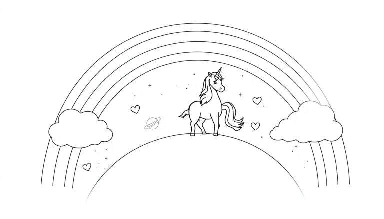 Zwart-wit lijntekening van een eenhoorn op een regenboog met sterren, hartjes en een planeet.