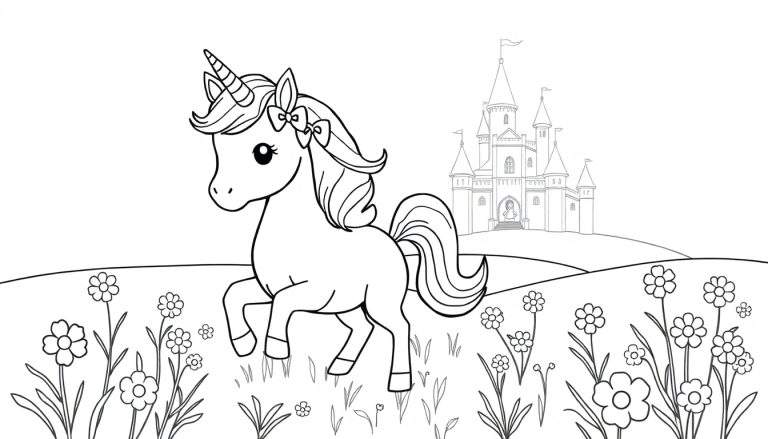 Lijntekening van een schattige eenhoorn met golvende manen en strik in een veld vol bloemen. Op de achtergrond een sprookjeskasteel met puntige torens en een prinses in de deuropening.