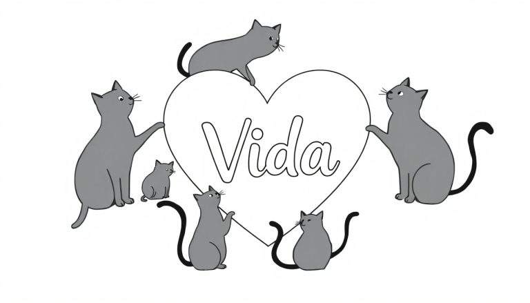 Kleurplaat van een groot wit hart met het woord 'Vida' erin, omringd door zes grijze katten met zwarte staarten, oren, snorharen en lachende gezichtjes.