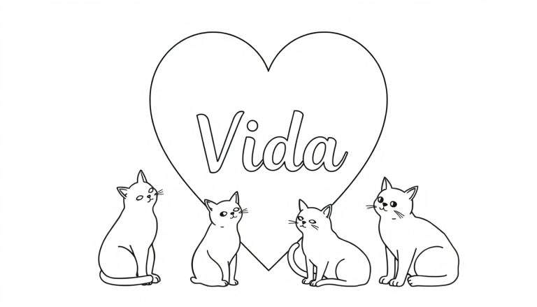 Zwart-wit lijntekening van een groot hart met het woord 'Vida' en vier schattige katten eronder.
