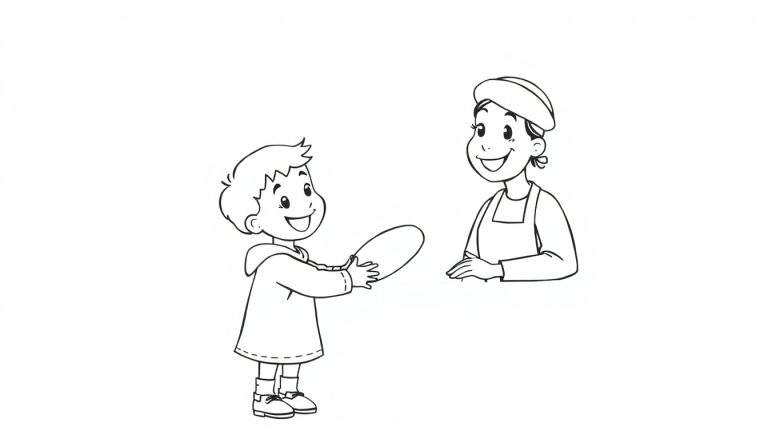 Zwart-wit tekening van een lachende jongen met een frisbee en een lachende vrouw met een koksmuts en schort, die elkaar aankijken.