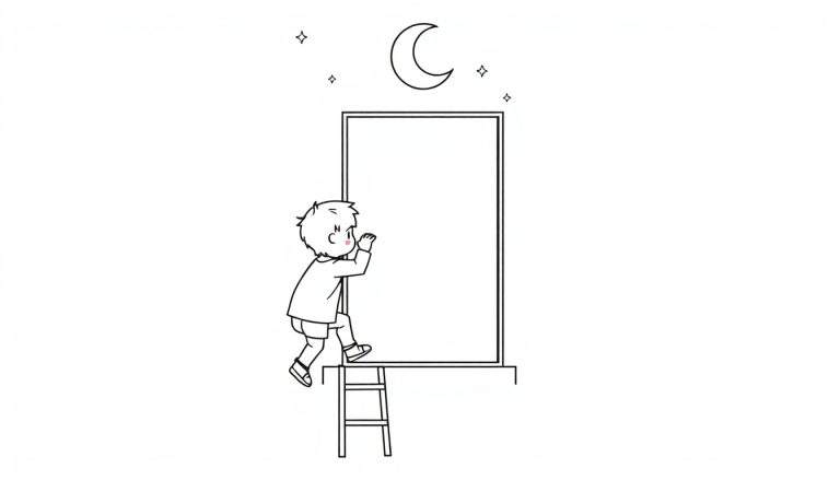 Zwart-wit lijntekening van een jongetje dat in een rechthoekig kader klimt, met een laddertje eronder. Boven het kader zijn een halve maan en sterretjes te zien.