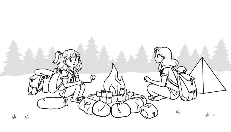 Zwart-wit lijntekening van twee jonge vrouwen die marshmallows roosteren boven een kampvuur in een bosrijke omgeving, met rugzakken en een tent op de achtergrond.