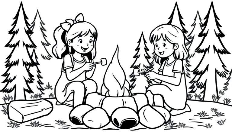 Kleurplaat van twee lachende meisjes die marshmallows roosteren boven een kampvuur in een bosrijke omgeving.