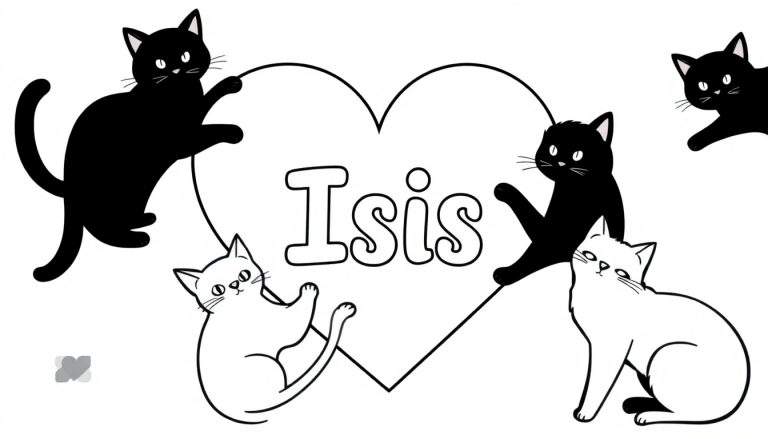 Kleurplaat van vijf katten, drie zwart en twee wit, rondom een hart met de naam 'Isis'. De zwarte katten zijn ingekleurd behalve hun ogen en oren. De witte katten, het hart en de naam zijn lijntekeningen.