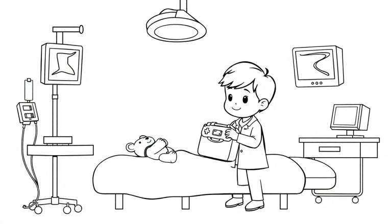 Zwart-wit kleurplaat van een jongen in doktersjas die een teddybeer op een bed onderzoekt. Links een infuuspaal, rechts een medicijnkastje. Boven een operatielamp.