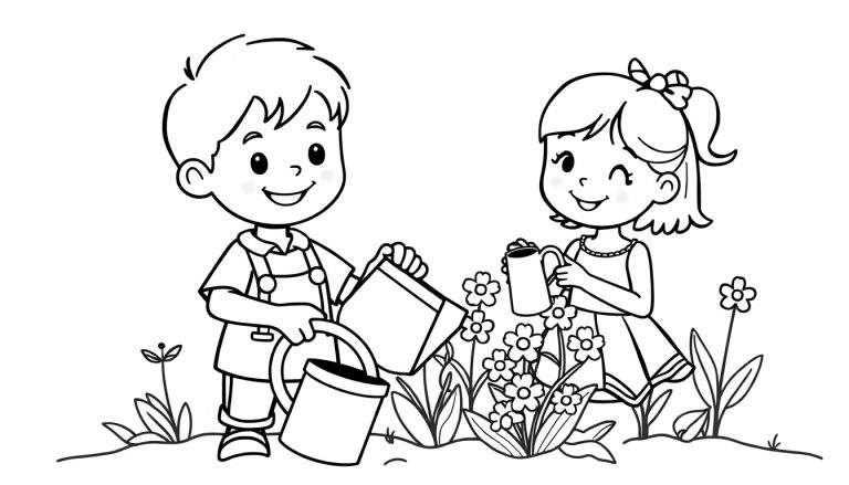 Zwart-wit kleurplaat van een lachende jongen en een knipogend meisje die planten water geven in een tuin vol bloemen en groenten.