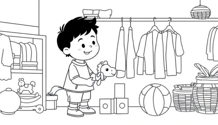 Zwart-wit kleurplaat van een kinderkamer met een jongetje dat een knuffelpaardje vasthoudt, omringd door speelgoed en meubels.