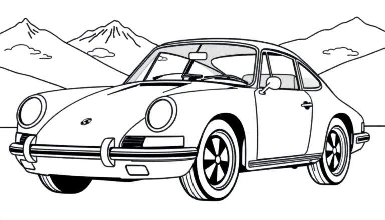 Zwart-wit kleurplaat van een klassieke Porsche 911 sportwagen met ronde koplampen, vijfspaaks wielen en achtergrond van bergen en wolken.