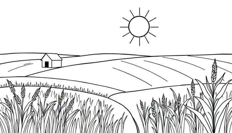 Zwart-wit tekening van een graanveld, glooiende heuvels, een huisje en een zon met stralen.