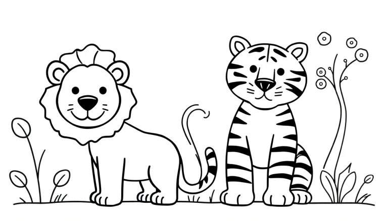 Zwart-wit tekening van een lachende leeuw met een volle manen en een zittende tijger met strepen, omringd door gras en bloemen.