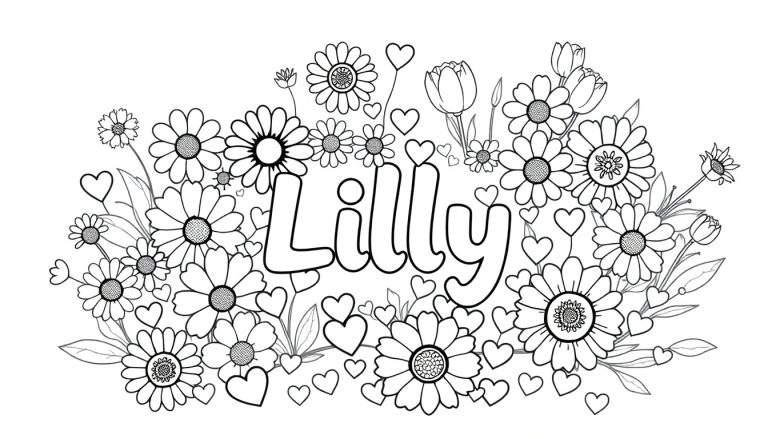 Zwart-wit kleurplaat met de naam Lilly in grote bubbelletters, omringd door bloemen en hartjes.