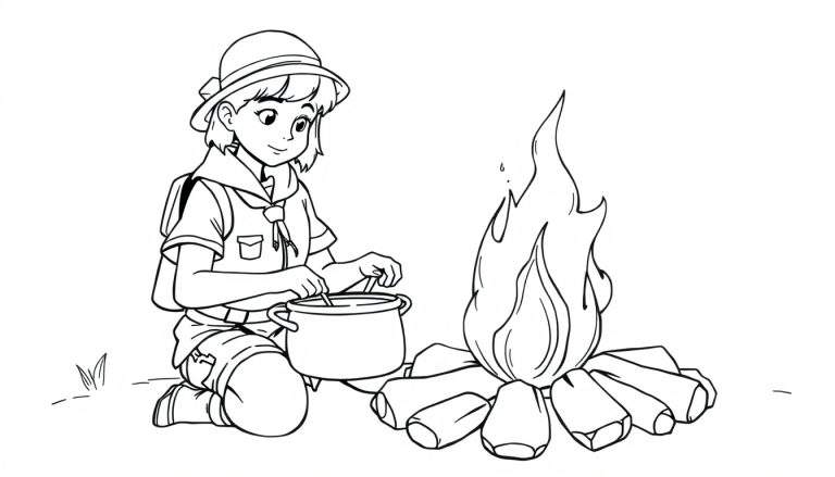 Zwart-wit tekening van een meisje met een padvindersdas en rugzak, zittend op haar knie bij een kampvuur, terwijl ze met een lepel in een grote kookpot roert.