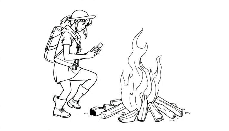 Zwart-wit lijntekening van een meisje met rugzak en capuchon die naar een smartphone kijkt, naast een kampvuur.