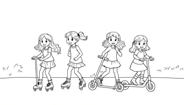 Een zwart-wit tekening van vier lachende jonge meisjes die buiten aan het steppen en rolschaatsen zijn.