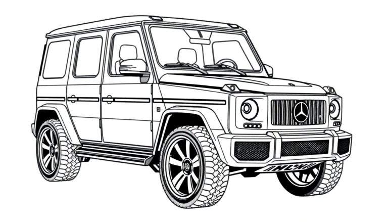 Kleurplaat van een Mercedes-Benz G-Klasse in driekwart vooraanzicht, zwart-wit lijntekening met gedetailleerde kenmerken zoals het Mercedes-Benz logo op de grille en robuuste terreinbanden.