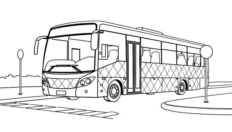 Zwart-wit lijntekening van een moderne bus op een weg bij een bushalte, met een stadssilhouet op de achtergrond.