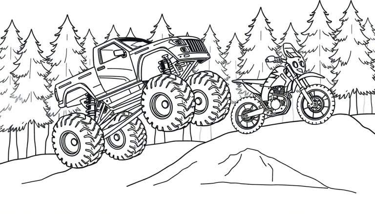 Kleurplaat van een monstertruck aan de linkerkant en een crossmotor aan de rechterkant, rijdend in een heuvelachtig bos met dennenbomen.