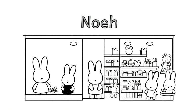 Zwart-wit kleurplaat met de naam 'Noeh' bovenin. Een winkelraam met konijnen, cadeautjes, teddybeer en diverse speelgoedartikelen.
