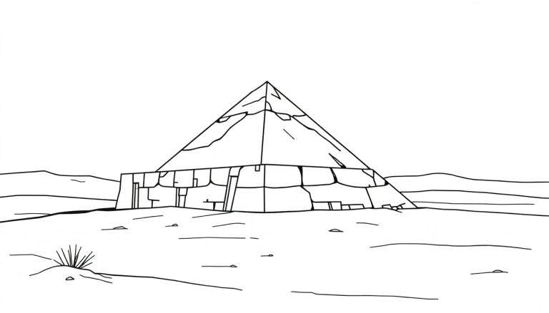 Zwart-witte lijntekening van een piramide in een woestijnlandschap met bergen op de achtergrond.