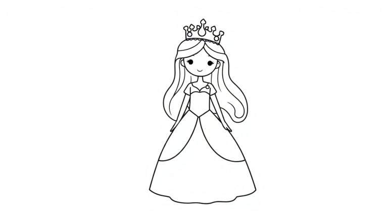 Zwart-witte lijntekening van een schattige prinses met een kroon, lang golvend haar en een baljurk, klaar om ingekleurd te worden.