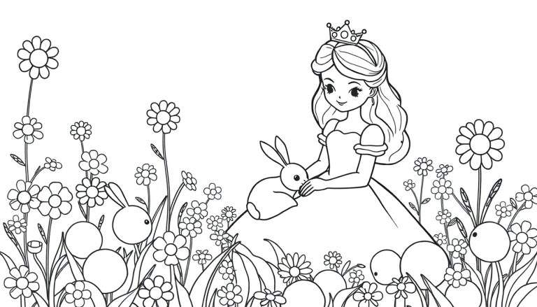 Kleurplaat van een glimlachende prinses met lang haar en een kroon, die een konijntje vasthoudt te midden van bloemen en planten.