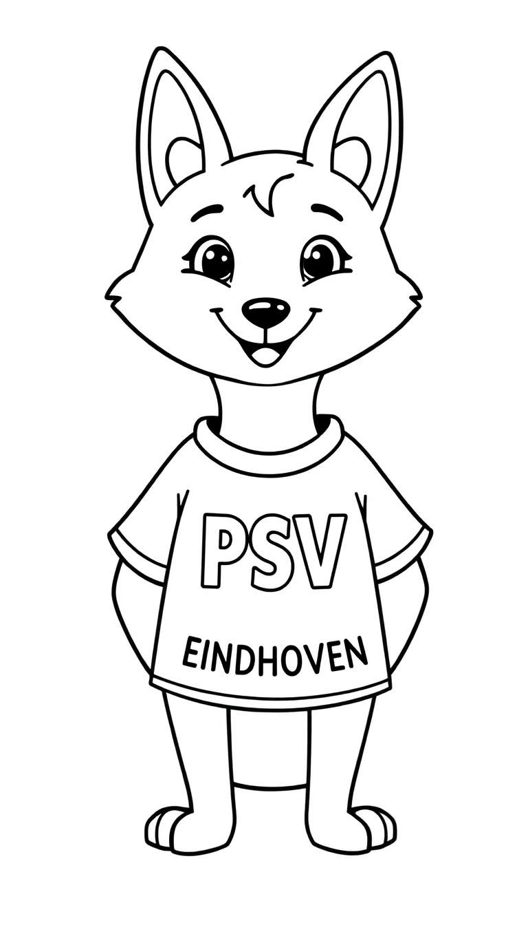 Zwart-wit tekening van een vriendelijke cartoon mascotte, mogelijk een vos of hond, met een PSV Eindhoven T-shirt, klaar om ingekleurd te worden.