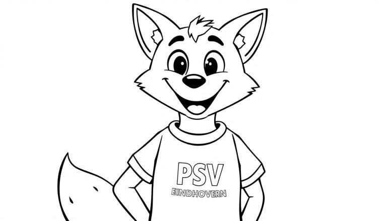 Zwart-witte cartoontekening van een blije vos die een PSV Eindhoven T-shirt draagt, klaar om ingekleurd te worden.