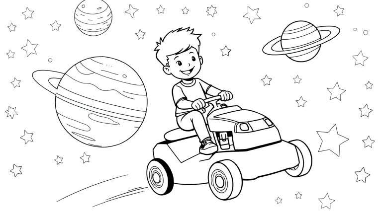 Zwart-wit kleurplaat van een lachende jongen op een speelgoedvoertuig in de ruimte, met sterren en planeten.