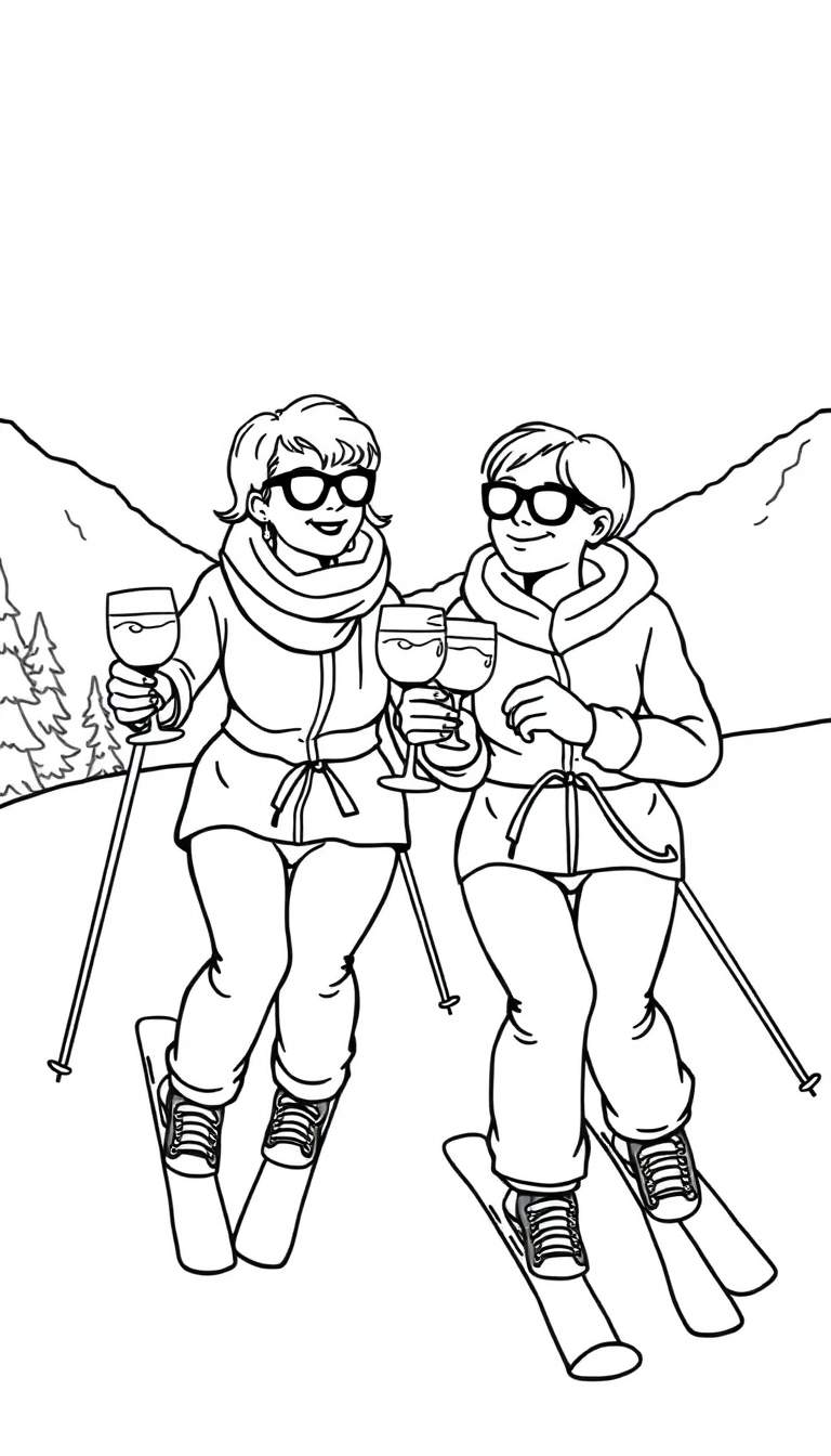 Zwart-wit kleurplaat van twee lachende vrouwen die skiën en proosten met wijnglazen in een winterse bergsetting.