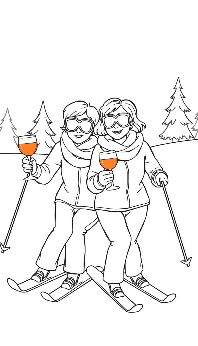 Lijntekening van twee lachende vrouwen die skiën, winterkleding dragen en wijnglazen met een oranje drankje vasthouden, met besneeuwde heuvels en bomen op de achtergrond.