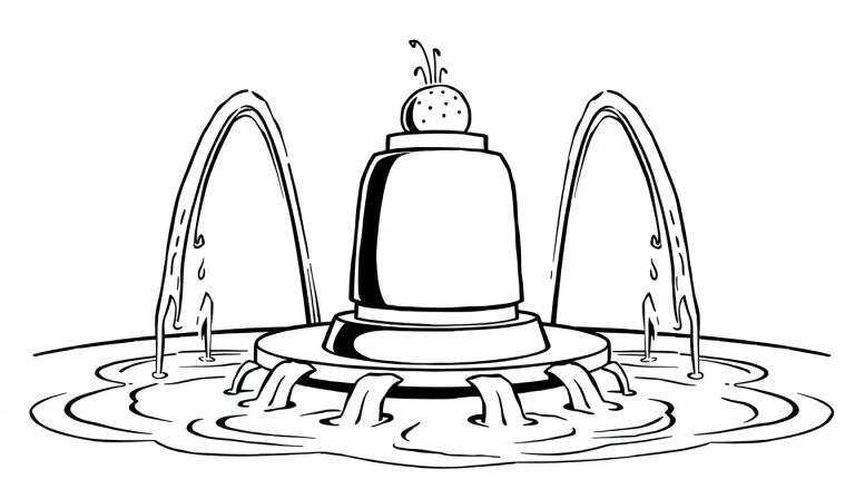 Zwart-wit cartoon tekening van een fontein met waterstralen en een bassin, klaar om ingekleurd te worden.