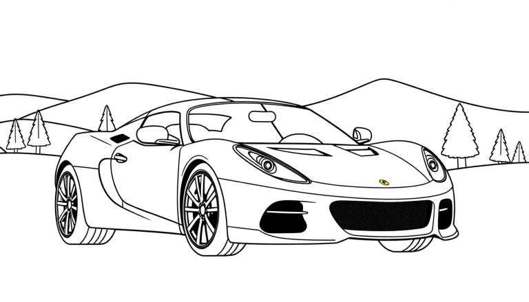 Zwart-wit lijntekening van een sportauto, vermoedelijk een Lotus Exige, met gedetailleerde velgen en koplampen, staand voor een achtergrond van heuvels en dennenbomen, als kleurplaat.