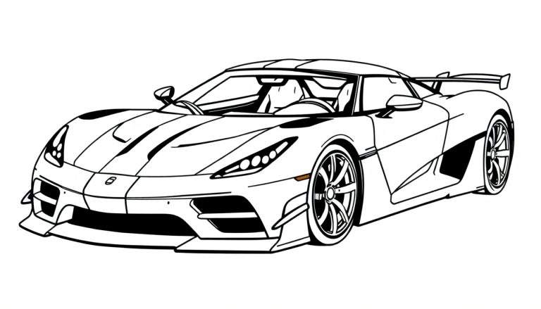 Zwart-witte lijntekening van een aerodynamische hypercar, gezien vanuit een driekwart vooraanzicht, met gedetailleerde koplampen, grote luchtinlaten, sportieve velgen en een vaste achterspoiler.