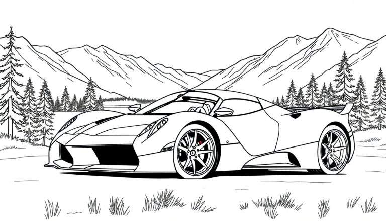 Zwart-wit lijntekening van een sportwagen in een berglandschap met bos en water, ideaal om in te kleuren.