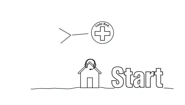 Lijntekening van een proces: pijlvormig element wijst naar 'Code Red' met medisch kruis. Onderaan een huis met headset en de tekst 'Start'.
